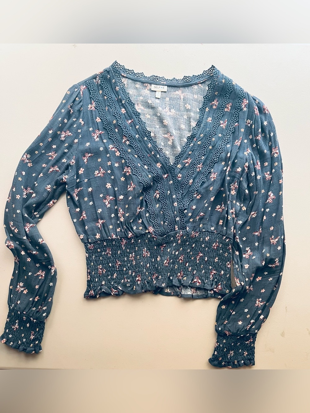 Macy's Navy Long-Sleeve Floral Smocked V-Neck Top